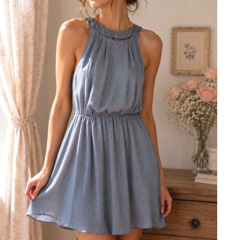 Blue Geometric Halter Neck Tie Back Sleeveless Dress Size Small